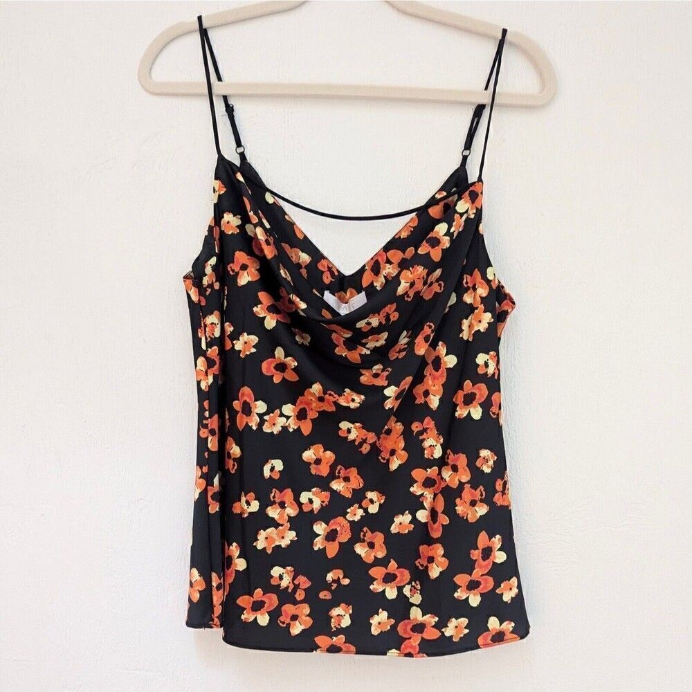 WAYF Cowl Neck Camisole Silk Orange/Yellow Floral Design Women's Size M NWT